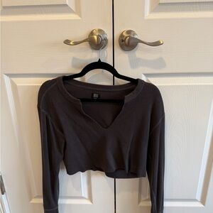 BDG Charcoal Cropped Waffle Knit Long Sleeve Top